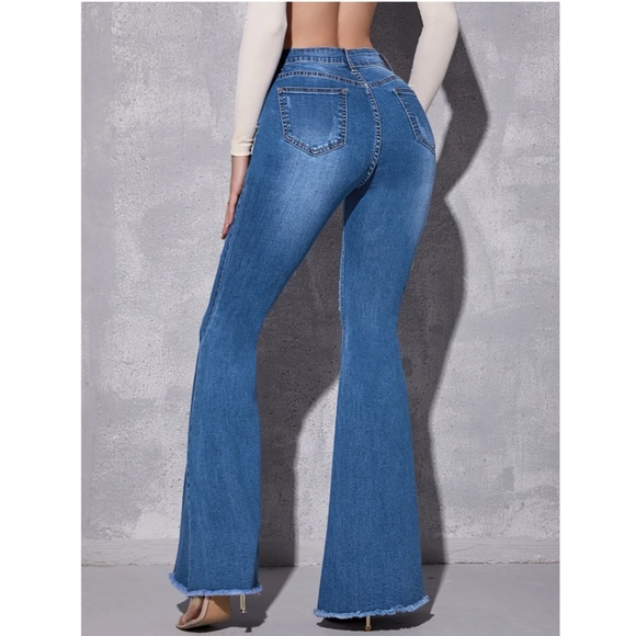 Flared Bell Bottom Jeans Distressed High Waist Blue Denim Button Fly - Picture 2 of 6